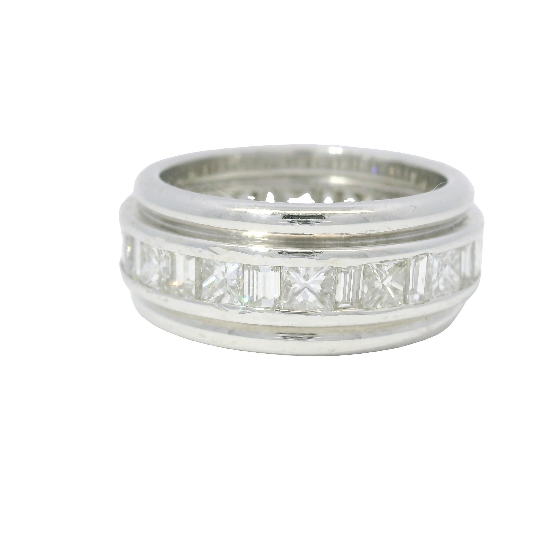 Natural Emerald & Princess Cut Diamond 18-Karat Eternity Ring In Stock In Excellent Condition For Sale In Boca Raton, FL