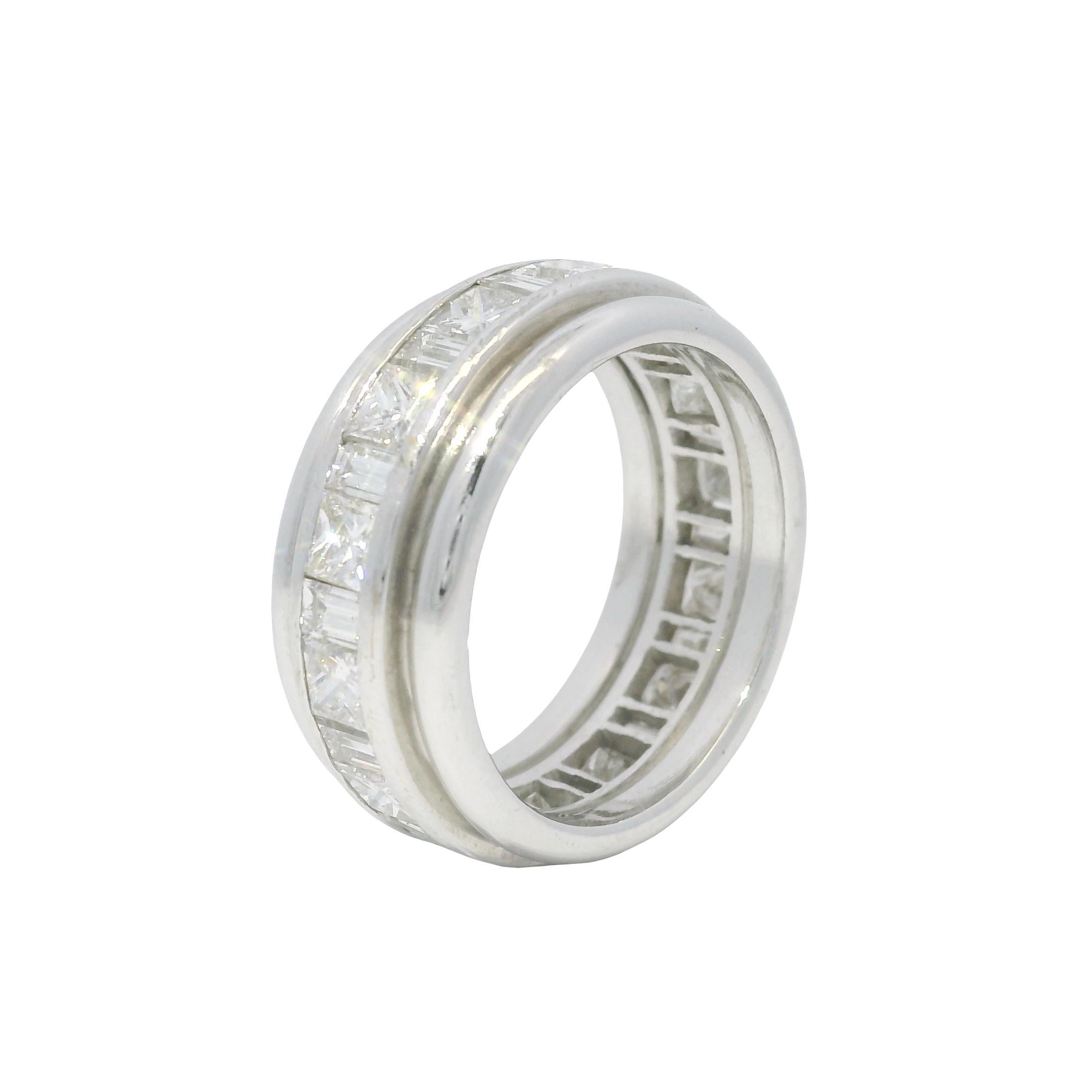 Natural Emerald & Princess Cut Diamond 18-Karat Eternity Ring In Stock For Sale 2