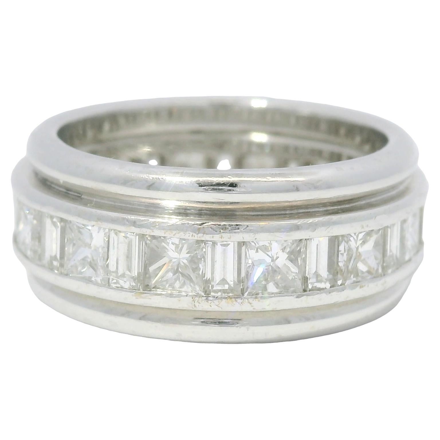 Natural Emerald 
Princess Cut Diamond 18-Karat Eternity Ring In Stock For Sale