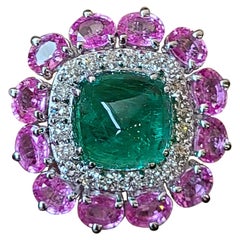 Natural Emerald Ring Set in 18 Karat Gold with Pink Sapphire and Diamonds