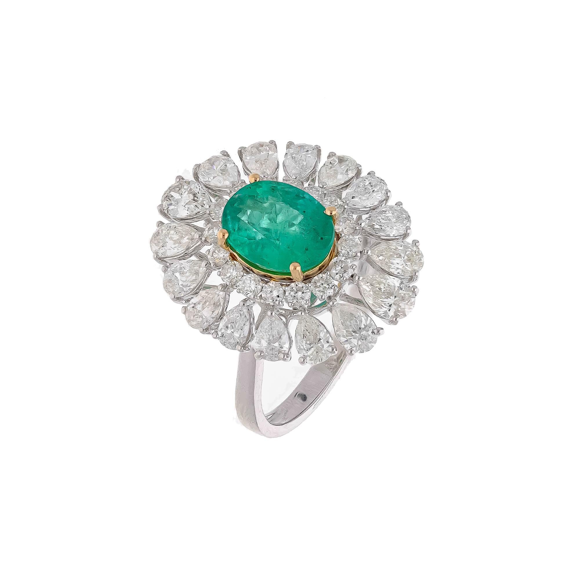 Mixed Cut Natural columbian  Emerald Ring with Diamond in 18k Gold