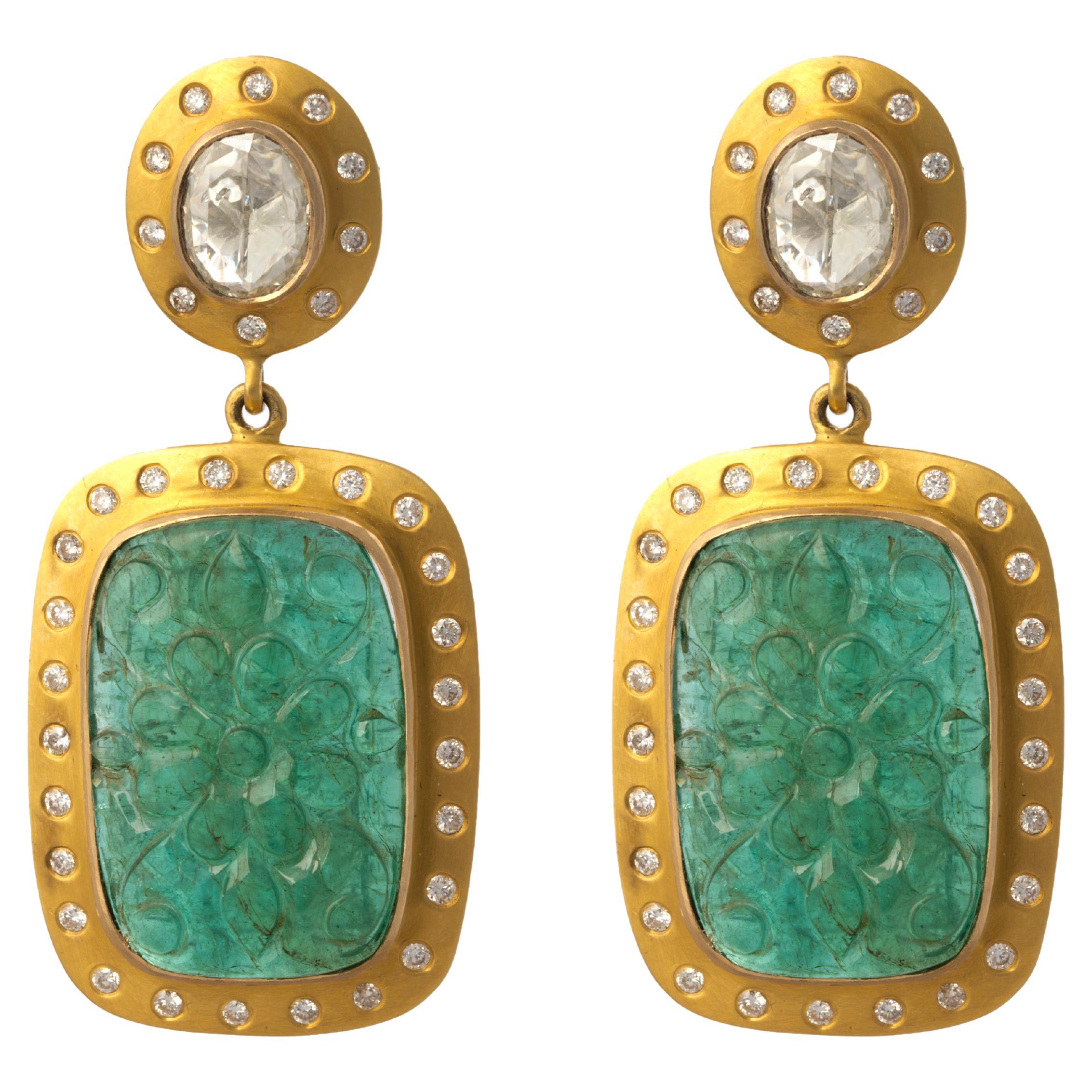 Natural Emerald Rose Cut Diamonds Earring in 18k Gold