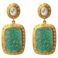 Natural Emerald Rose Cut Diamonds Earring in 18k Gold