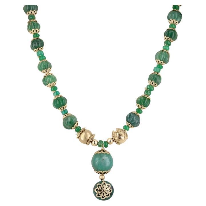 Ciondolo floreale con smeraldo naturale tagliato a vivo - Collana di perle in oro 14K 585