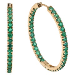 Natural Emerald Round Big Hoops Thin Earrings