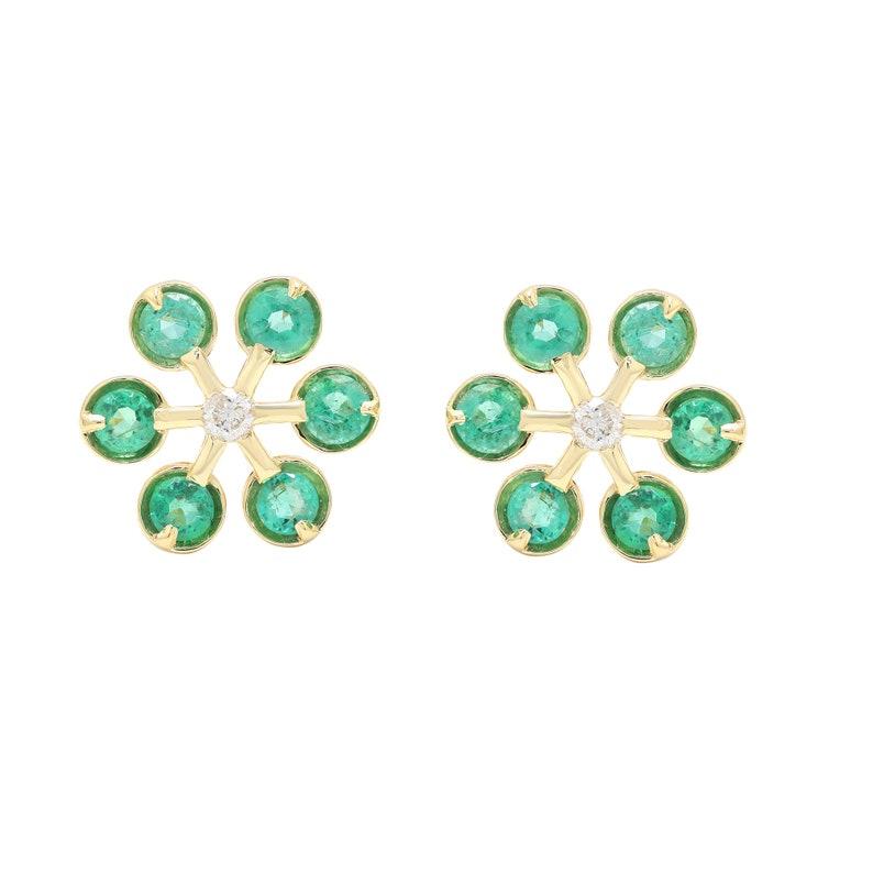 Contemporary natural emerald round daisy stud earrings / 18k solid gold stud earrings