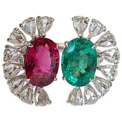 Natural Emerald, Rubellite and Diamond Ring Set in 18 Karat Gold
