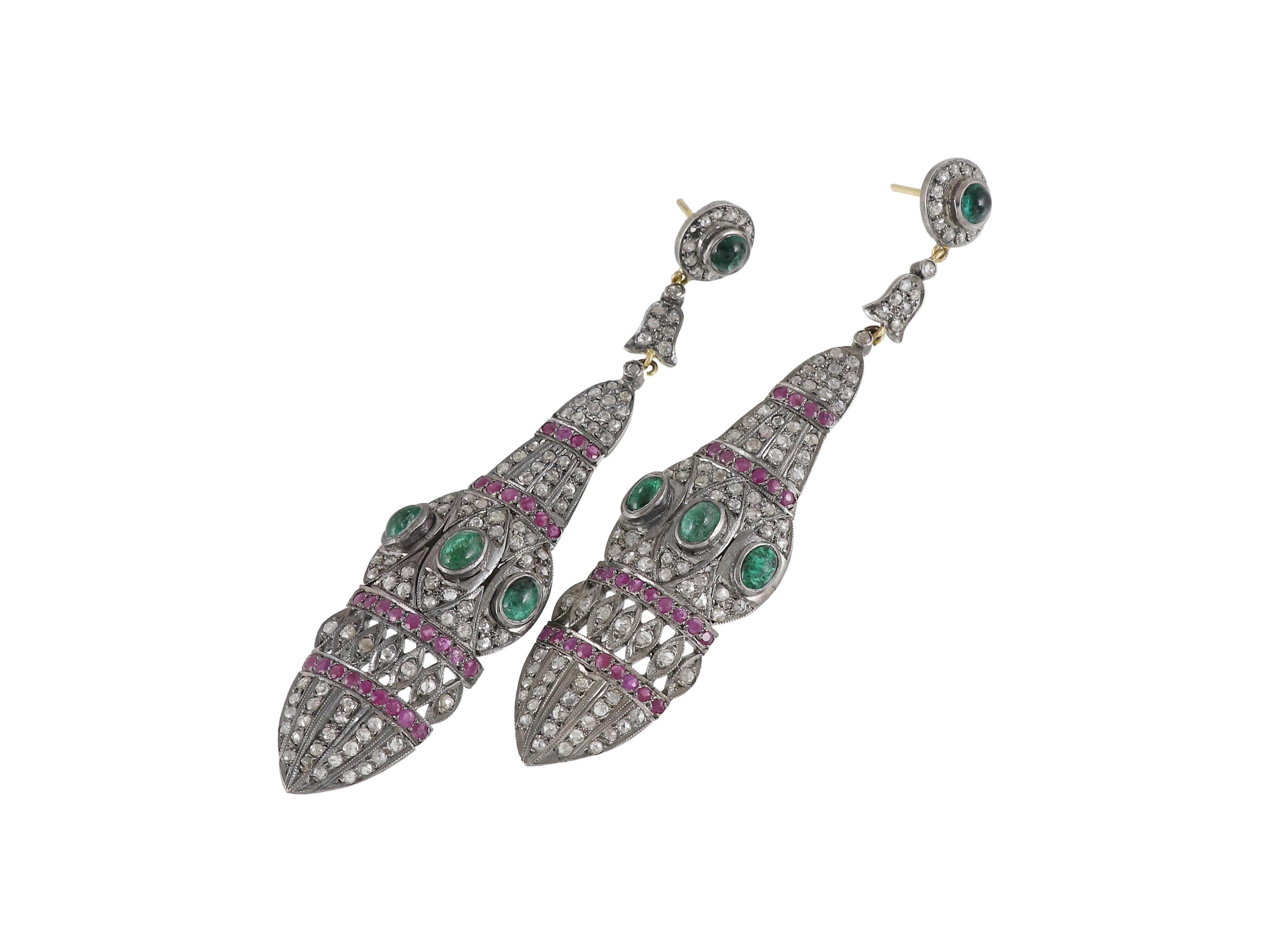 Smeraldo naturale, rubino e diamante, pendente vittoriano in argento e oro 18 carati. in vendita 1