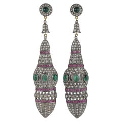 Smeraldo naturale, rubino e diamante, pendente vittoriano in argento e oro 18 carati.