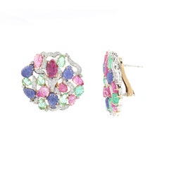 Emerald Ruby and Sapphire Flower Blossom Stud Earrings in 18K Solid White Gold