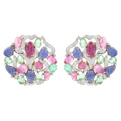 Emerald Ruby and Sapphire Flower Blossom Stud Earrings in 18K Solid White Gold