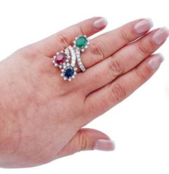 Natural Emerald, Ruby, Blue Sapphire & Diamond Ring in 18k Gold