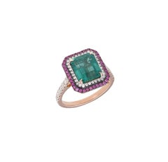 Natural 2.98Cts Emerald, 0.19Cts Ruby & 0.42Cts Diamond Ring in 18k Gold