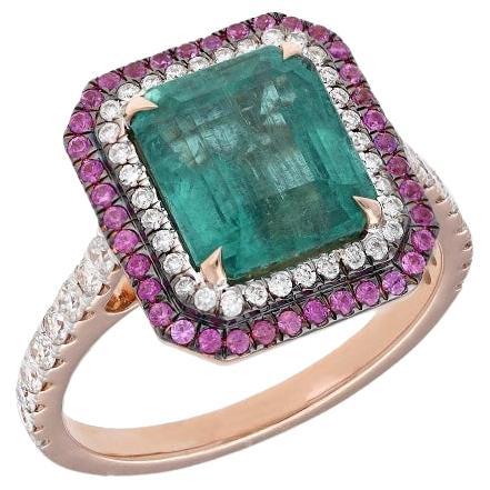 Bague émeraude naturelle rubis diamant en or 18k