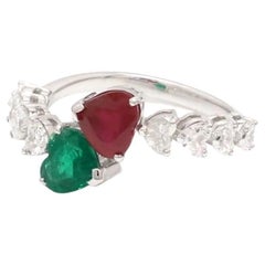 Natural zambian emerald ruby heart diamond ring in 18k gold