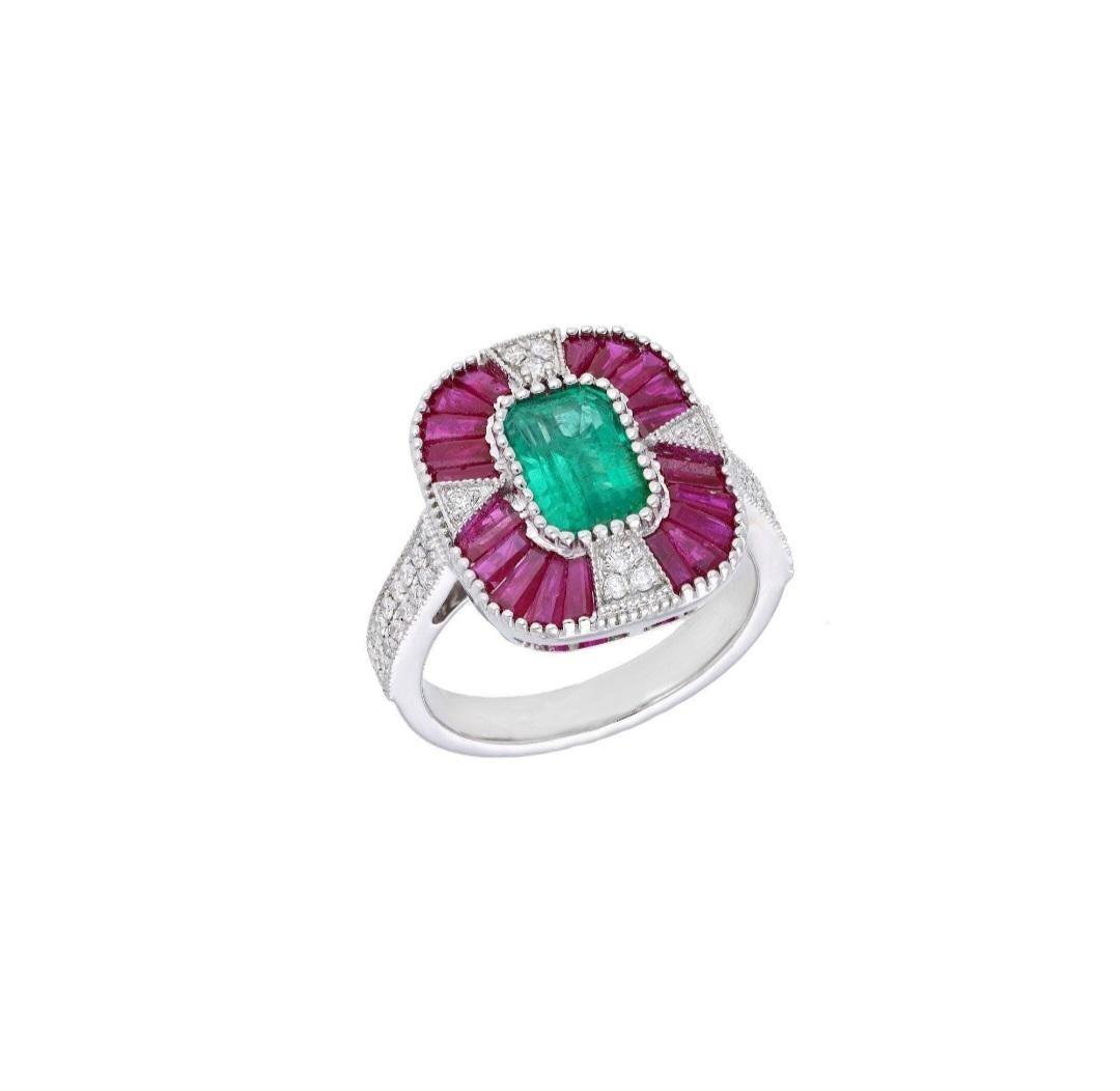 PRODUCT DETAILS -

===============

GEMSTONE DETAILS :

 Gemstone : Emerald, Ruby

 Gemstone Weight : 1.72 Cts., 1.93 Cts

 Gemstone Size : 8X5 MM, 4X2 Approx

 Gemstone Shape : Octagon Cut, Baguette

 Gemstone Type : Natural



DIAMOND DETAILS :

