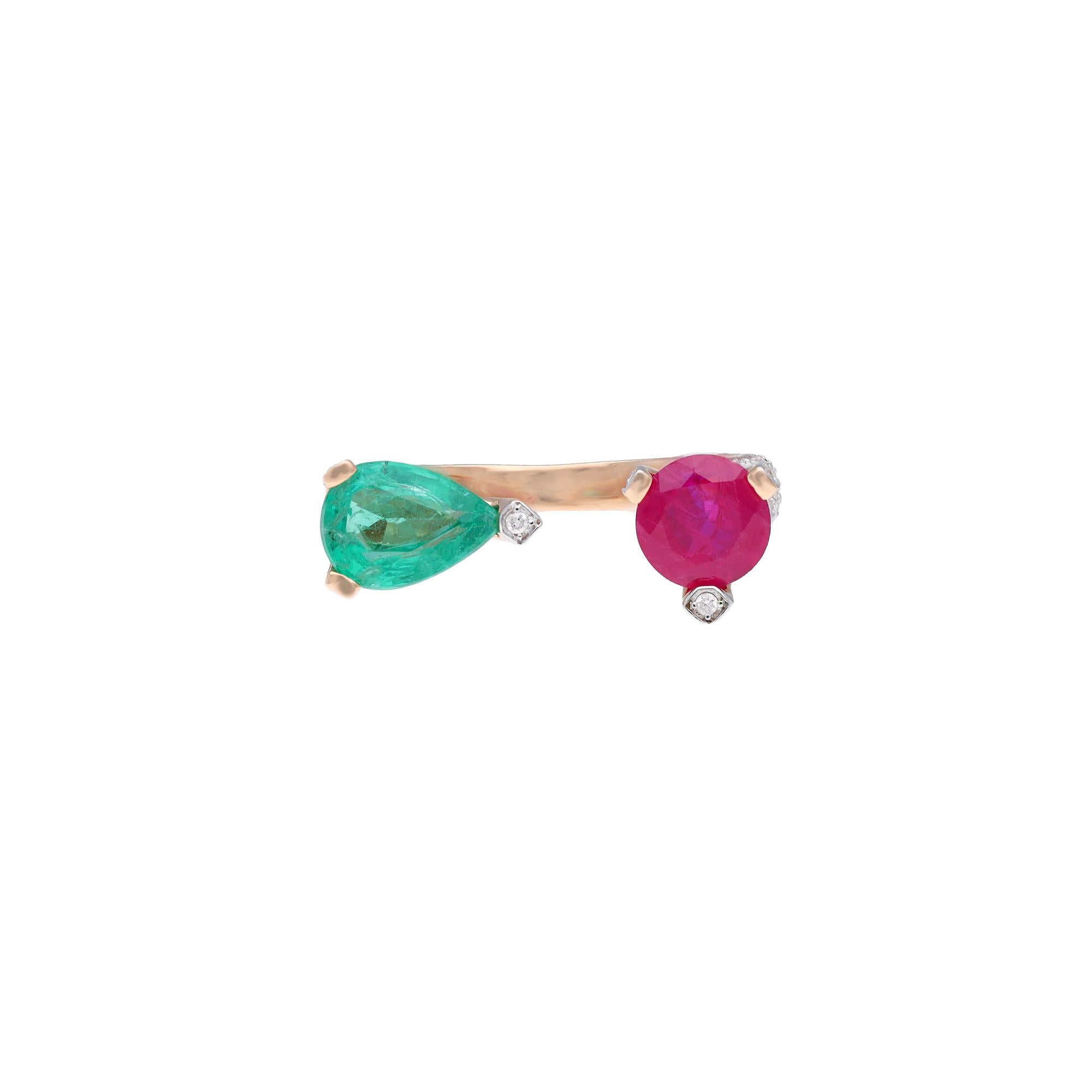 This is a natural  Emerald & Ruby Ring with diamonds and 18k gold. The emeralds & Ruby are very high quality and very good quality diamonds the clarity is vsi and G colour


Emeralds : 0.91 carats
Ruby: 1.05 carats
diamonds : 0.47 carats
gold :