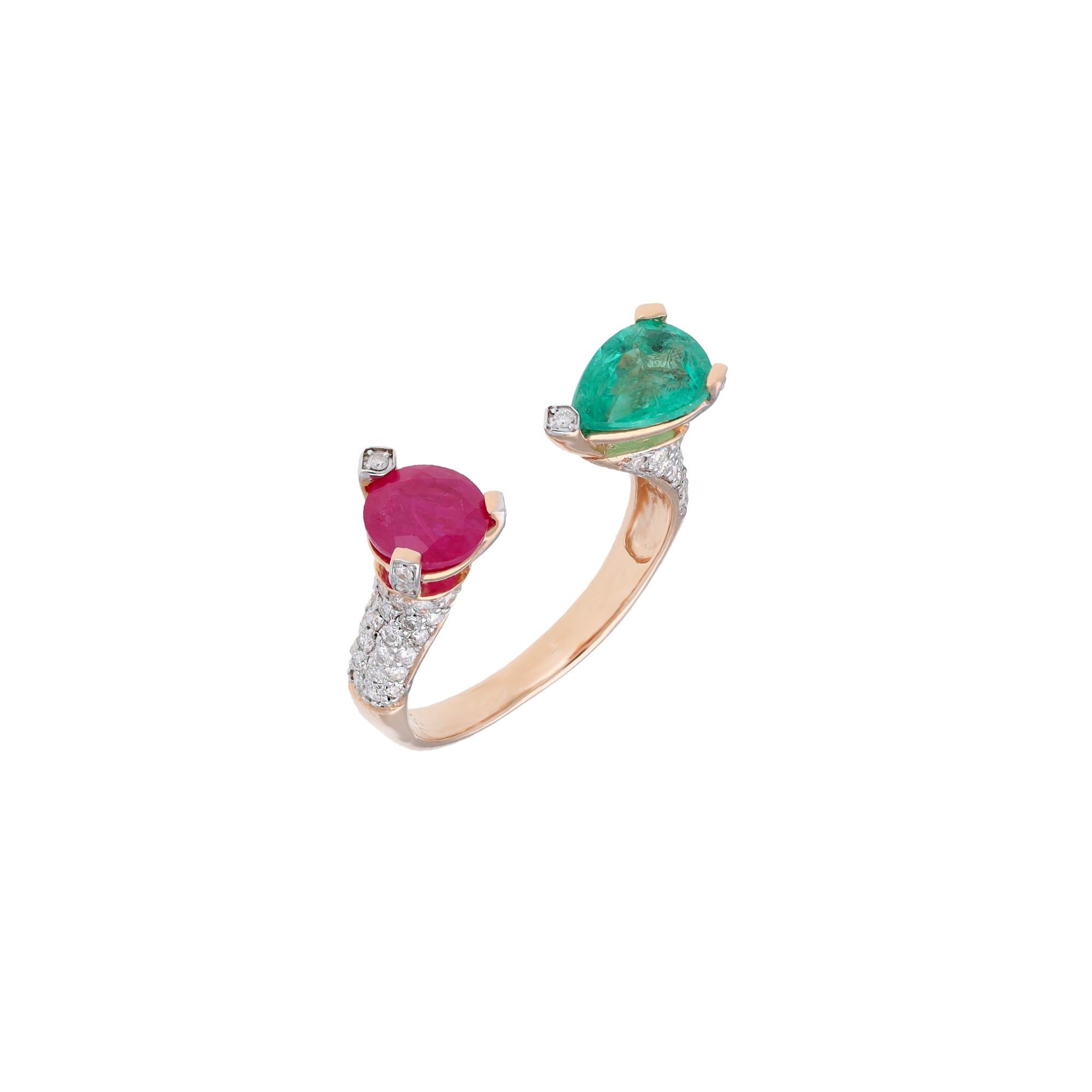 Natural Emerald & Ruby ring with diamond 0.47 cts in 18k gold In New Condition For Sale In jaipur, IN