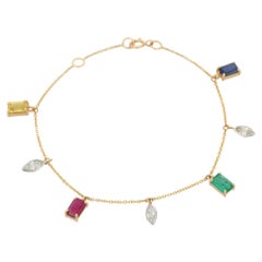 Natural Emerald Ruby & Sapphire and Diamond Charm Bracelet in 18K Yellow Gold