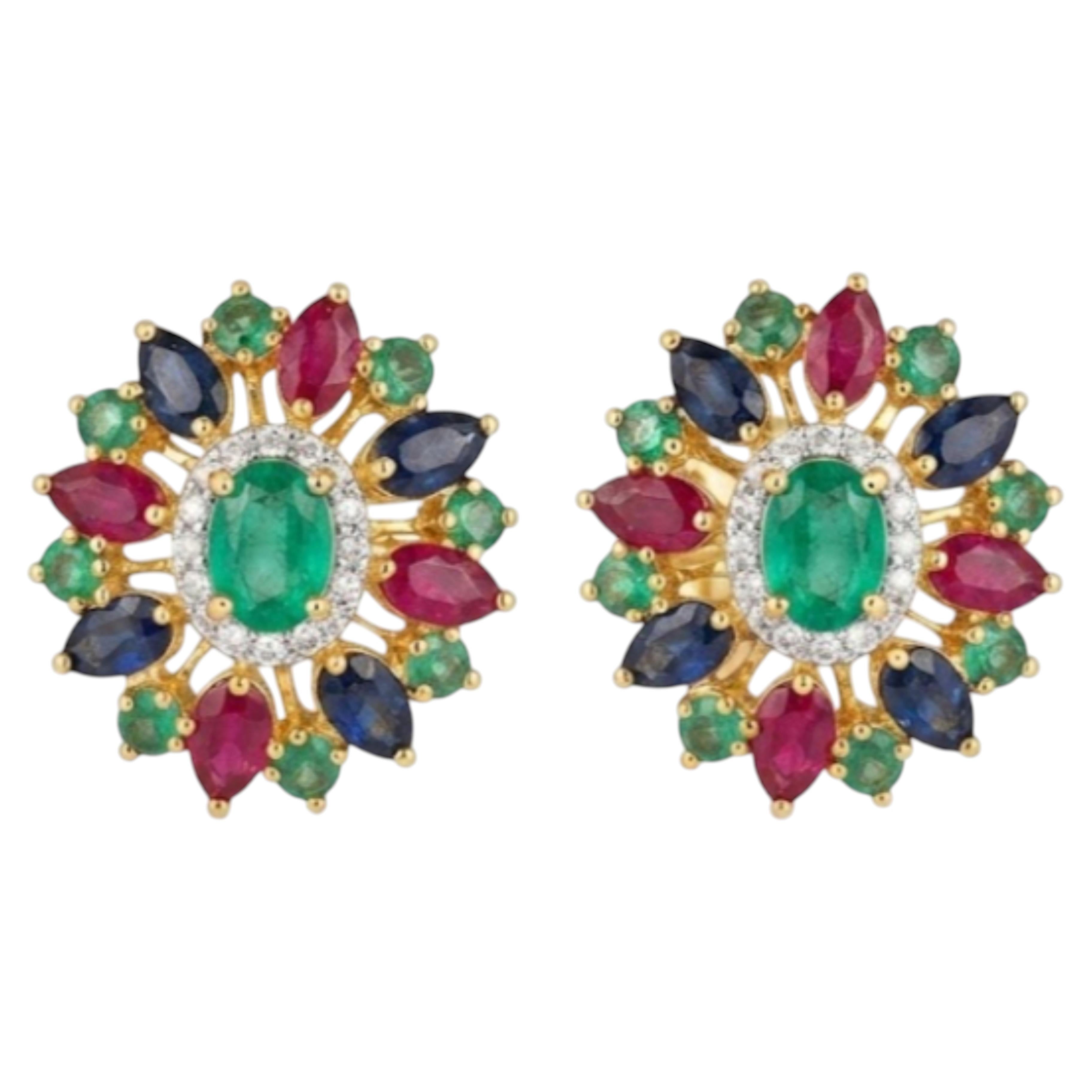 Natural Emerald, Ruby, Sapphire, & Diamond Earring in 14k Gold For Sale