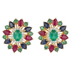 Natural Emerald, Ruby, Sapphire, & Diamond Earring in 14k Gold
