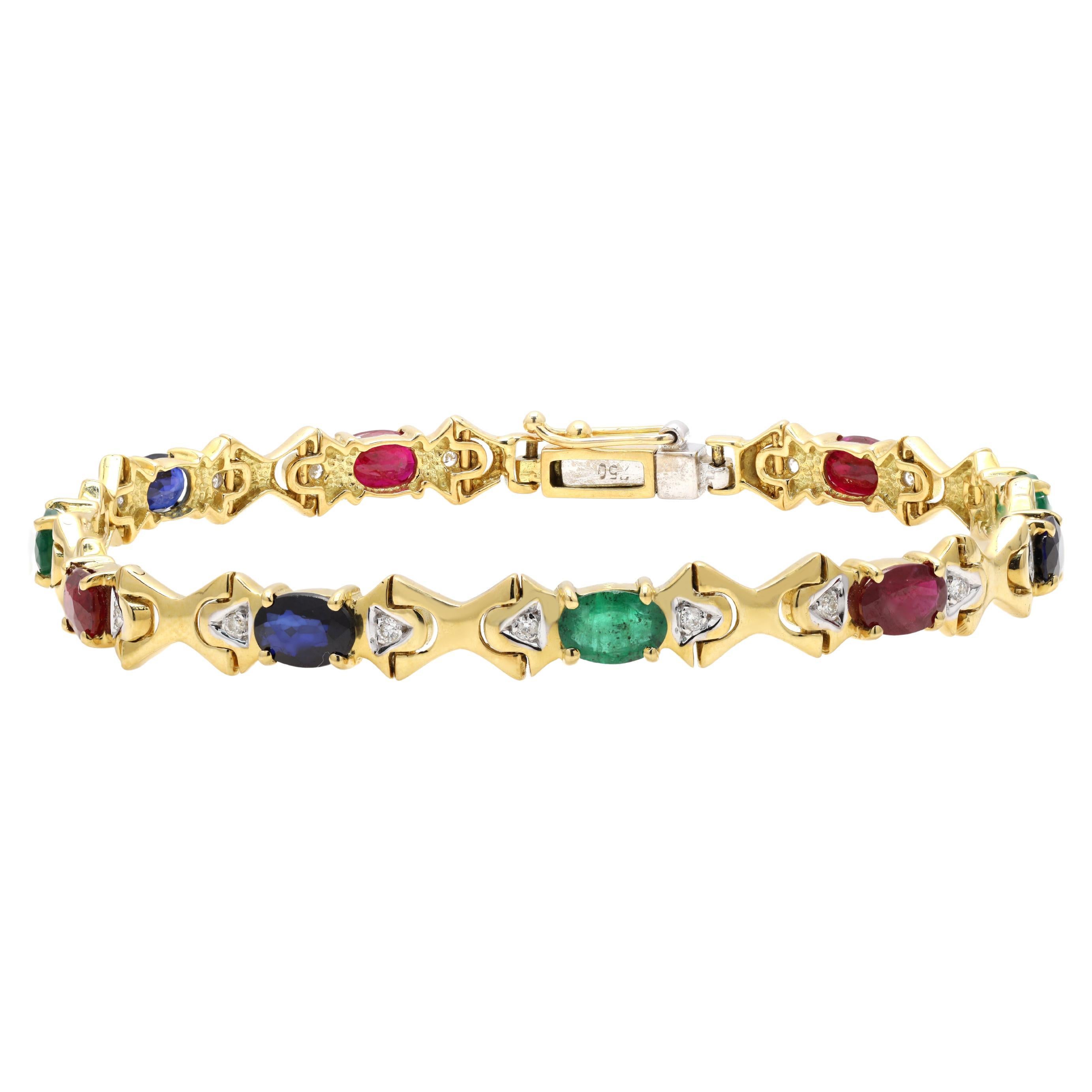 Natural Emerald, Ruby, Sapphire Solid 18K Gold Tennis Bracelet with Diamonds For Sale