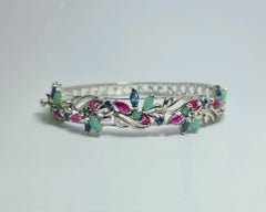 Natural Emerald Ruby Sapphire Tutti Frutti .925 Sterling Silver Rhodium Bangle