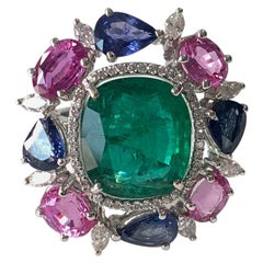 Natural Emerald, Sapphire and Diamond Ring Set in 18 Karat Gold