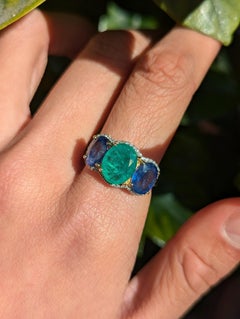 Natural Emerald Sapphire Diamond Halo 14k Gold Trilogy Cocktail Ring Size P/ 7.5