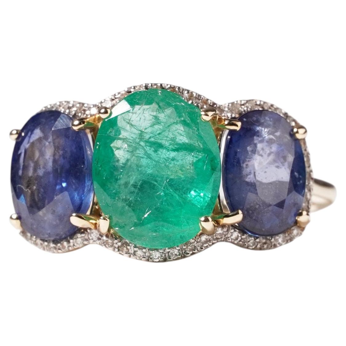 Natural Emerald Sapphire Diamond Halo 14k Gold Trilogy Cocktail Ring Size P/ 7.5