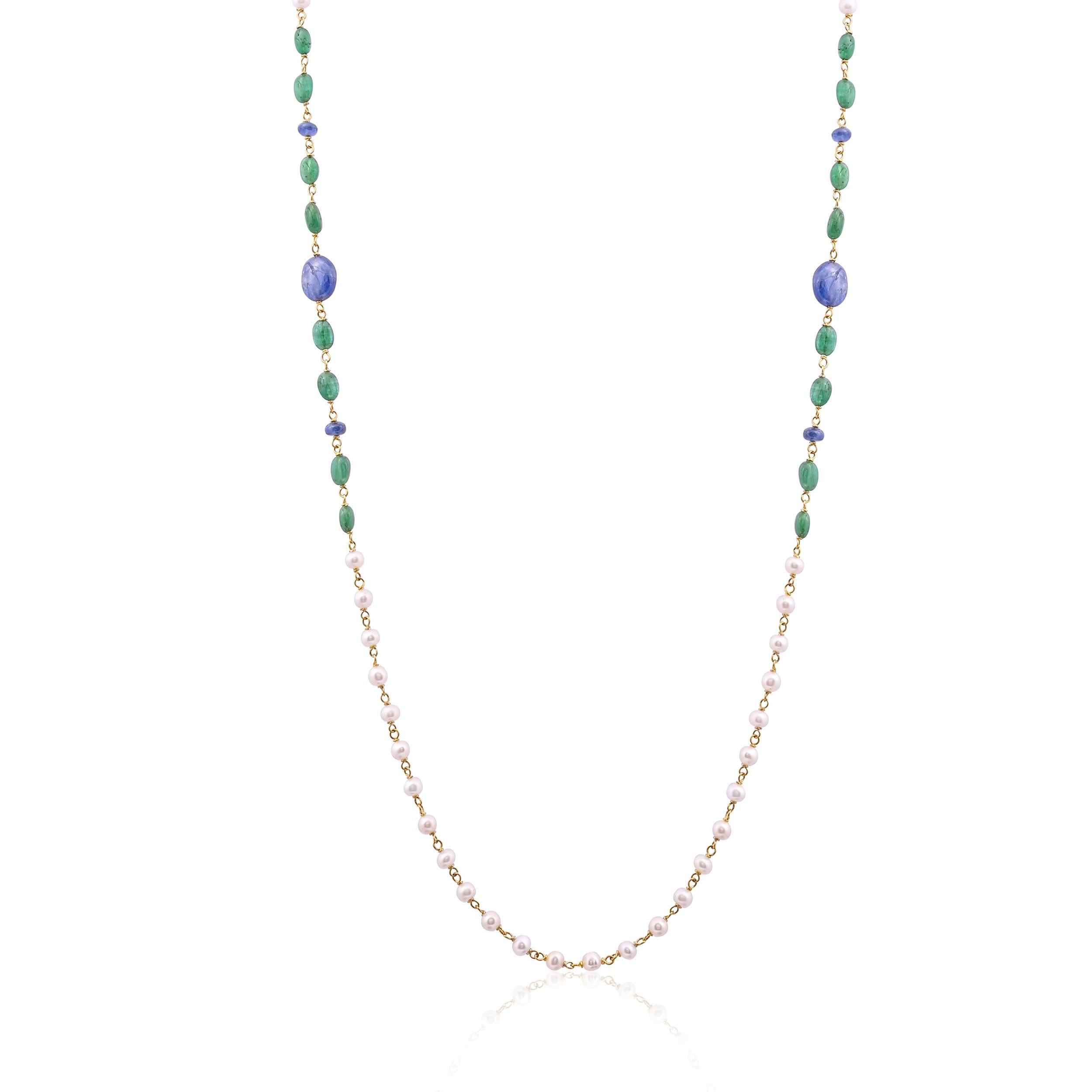 Natürlicher Smaragd & Saphir & Perlenkette Halskette mit 8,60 Karat in 18 Karat Gold Damen