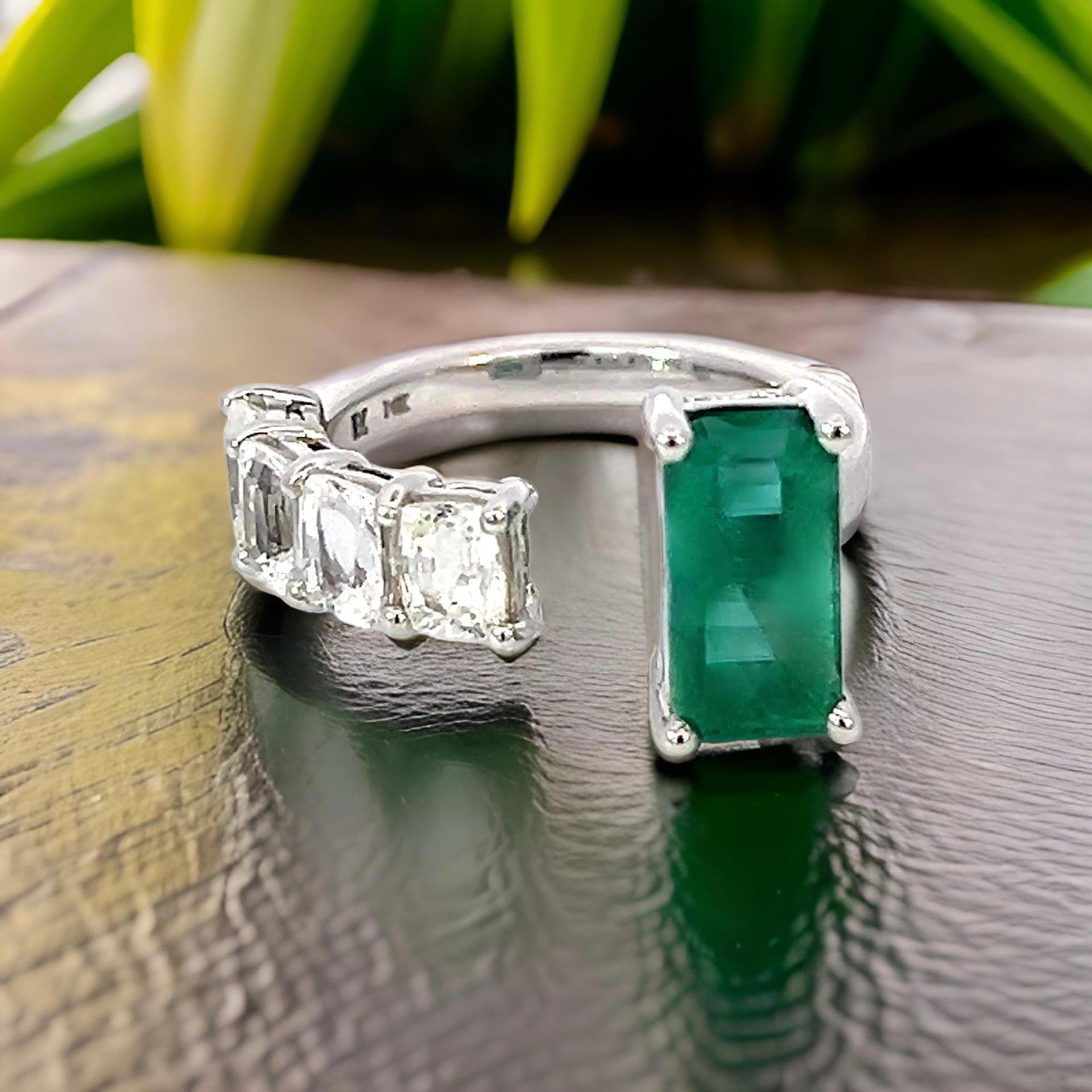Emerald Cut Natural Emerald Sapphire Ring Size 6.5 14k W Gold 4.95 TCW Certified For Sale