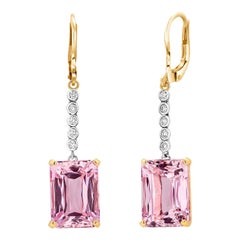 Natural Emerald Shaped Kunzite Diamond Gold Hoop Earrings Weighing 21.30 Carat