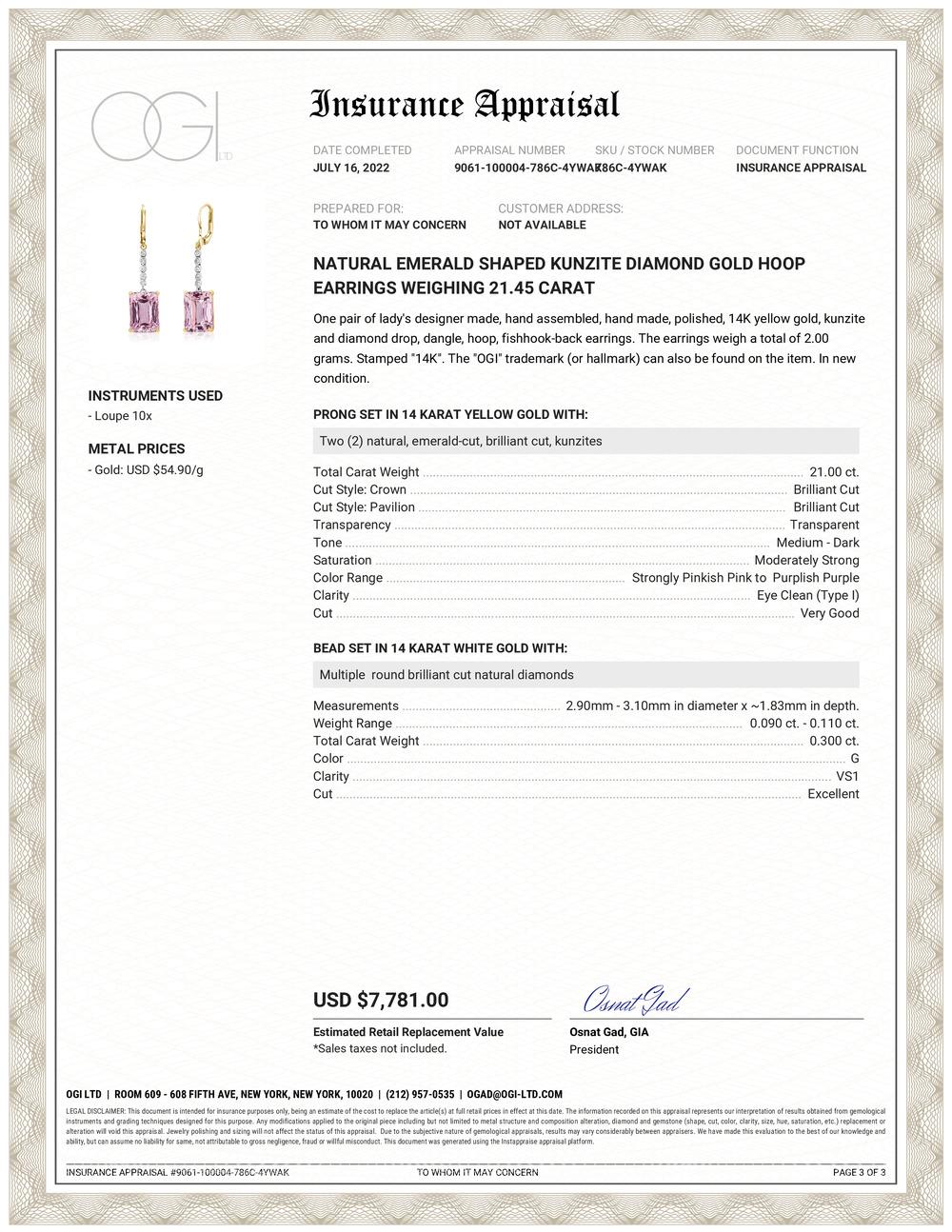 Fourteen karats yellow and white gold diamond hoop drop earrings 
Diamond weighing 0.30 carat
Two pink natural emerald shaped Kunzites weighing 21.00 carats 
Kunzite are natural unheated and untreated
Kunzite hue tone color is pale pink and since