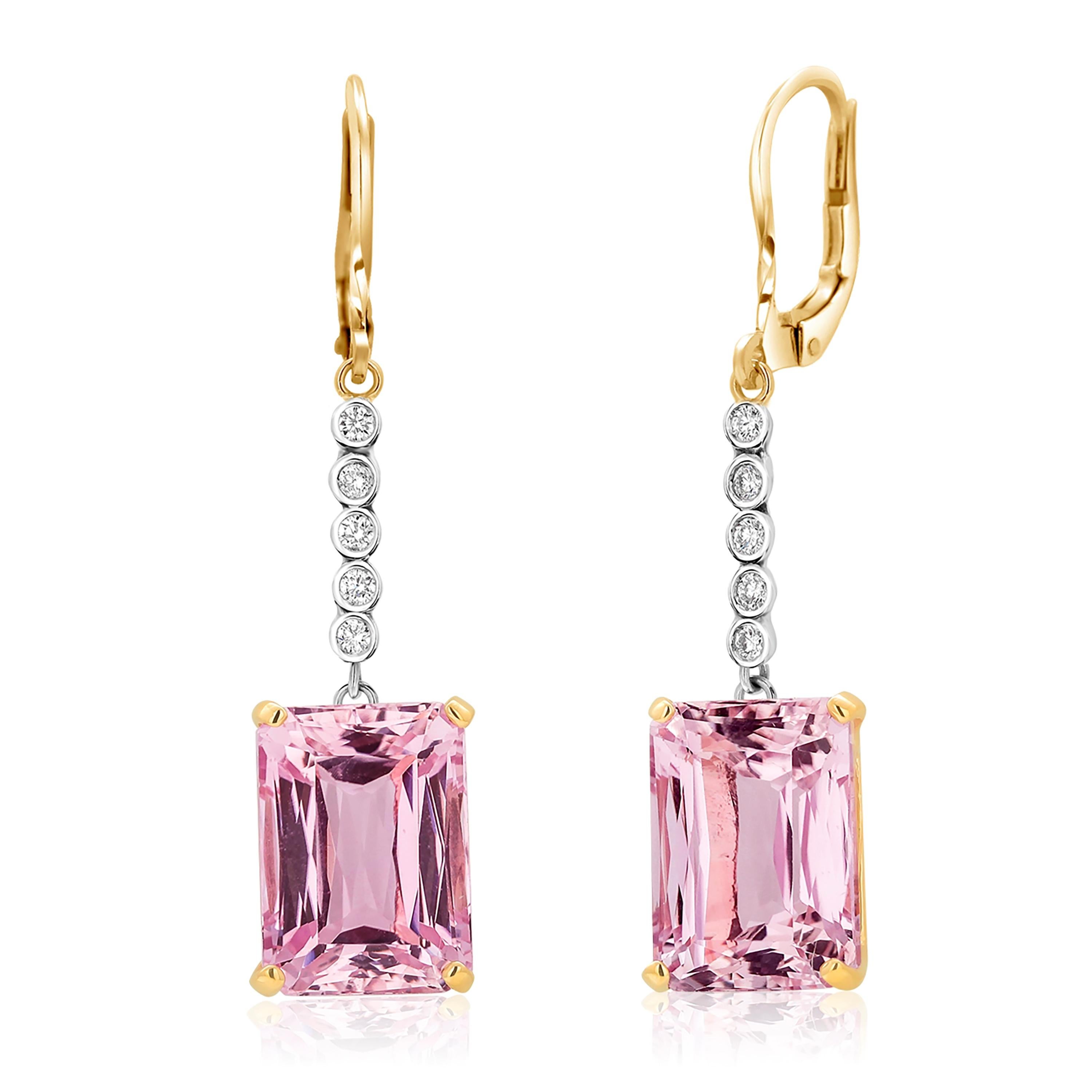 Women's Natural Emerald Shaped Kunzite Diamond Gold Hoop Earrings Weighing 21.30 Carat