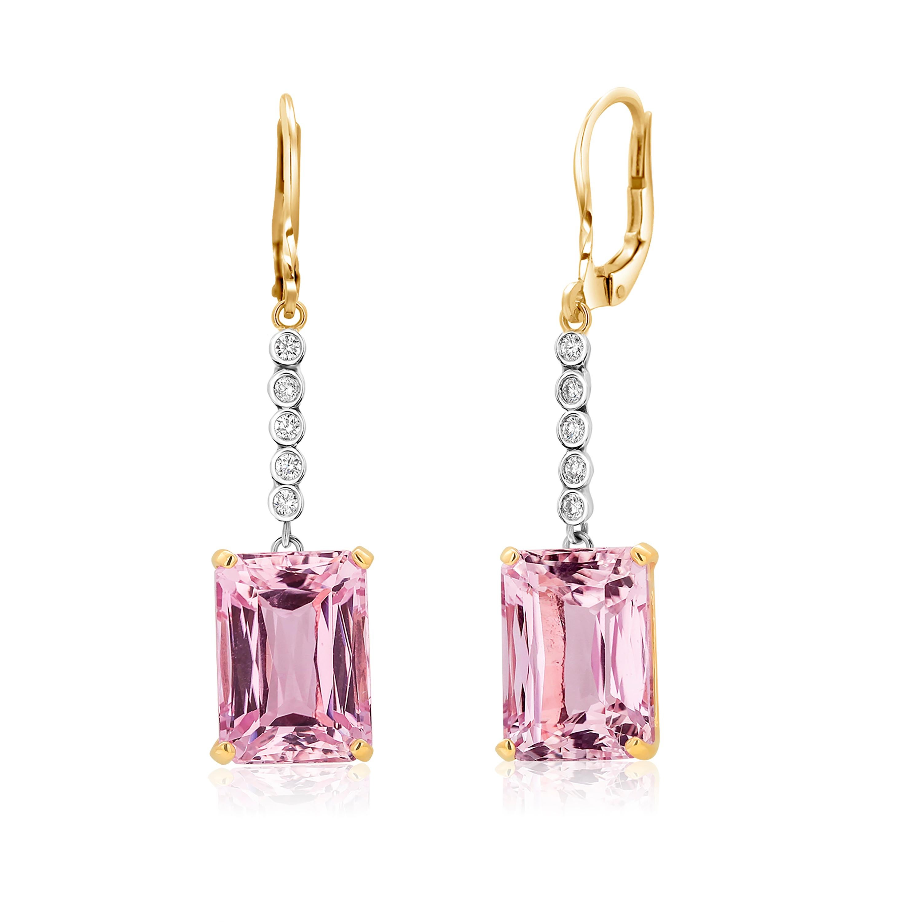 Natural Emerald Shaped Kunzite Diamond Gold Hoop Earrings Weighing 21.30 Carat 2