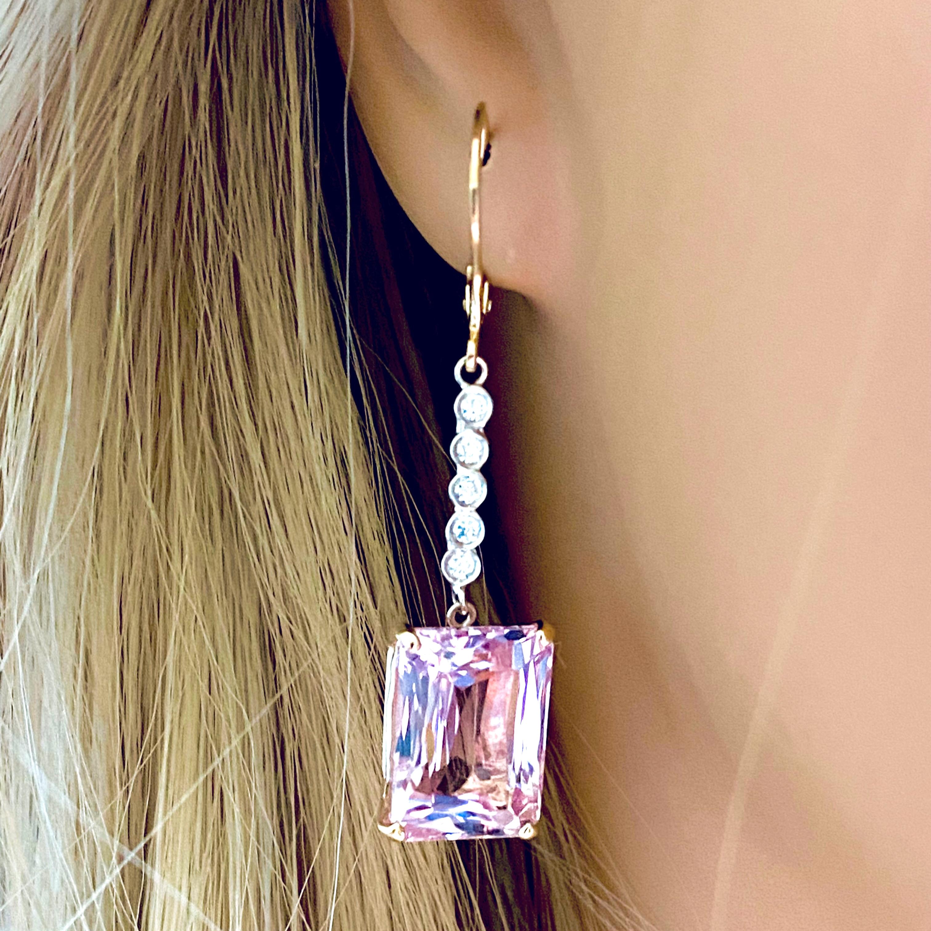 Natural Emerald Shaped Kunzite Diamond Gold Hoop Earrings Weighing 21.30 Carat In New Condition In New York, NY