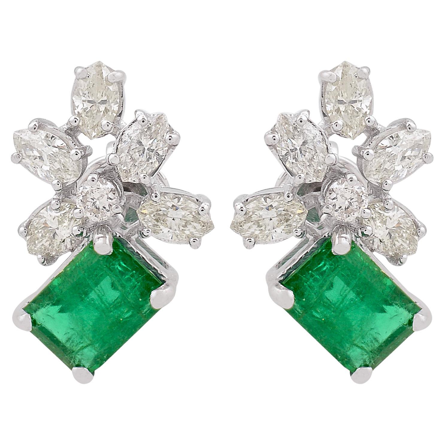 Natural Emerald SI Clarity HI Color Diamond Cluster Stud Earrings 14k White Gold