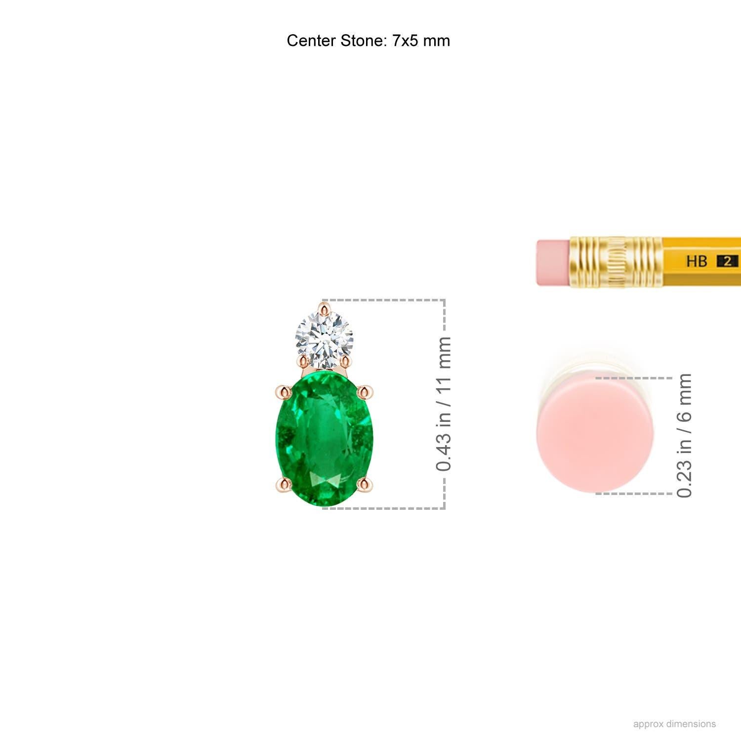 Modern Natural Emerald Solitaire Pendant with Diamond in 14K Rose Gold 7x5mm For Sale