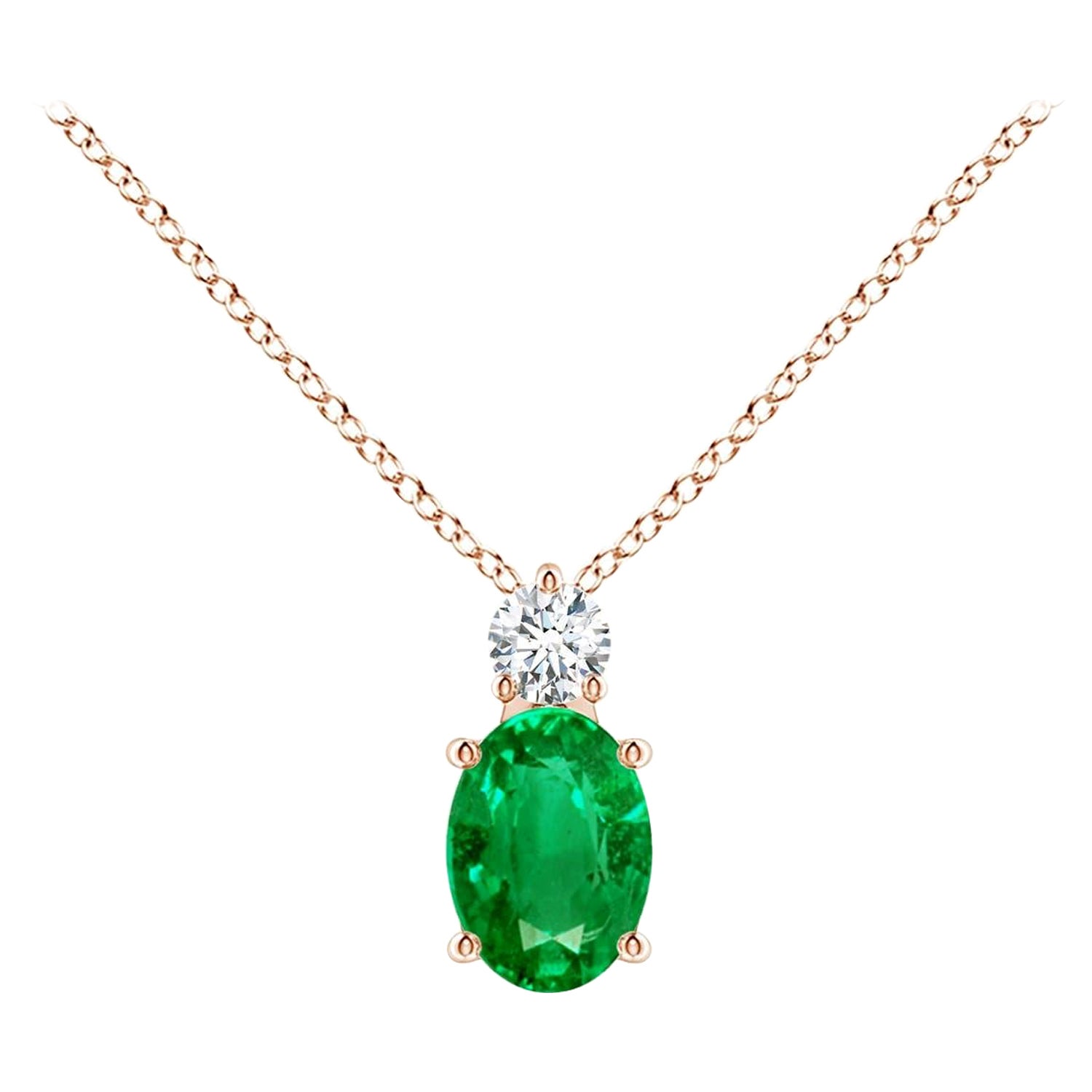 Natürlicher Smaragd Solitär-Anhänger mit Diamant in 14K Roségold 7x5mm im Angebot