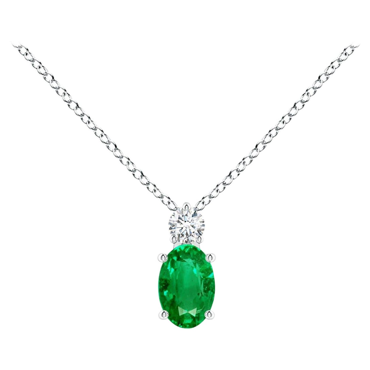 Natural Emerald Solitaire Pendant with Diamond in 14K White Gold 6x4mm
