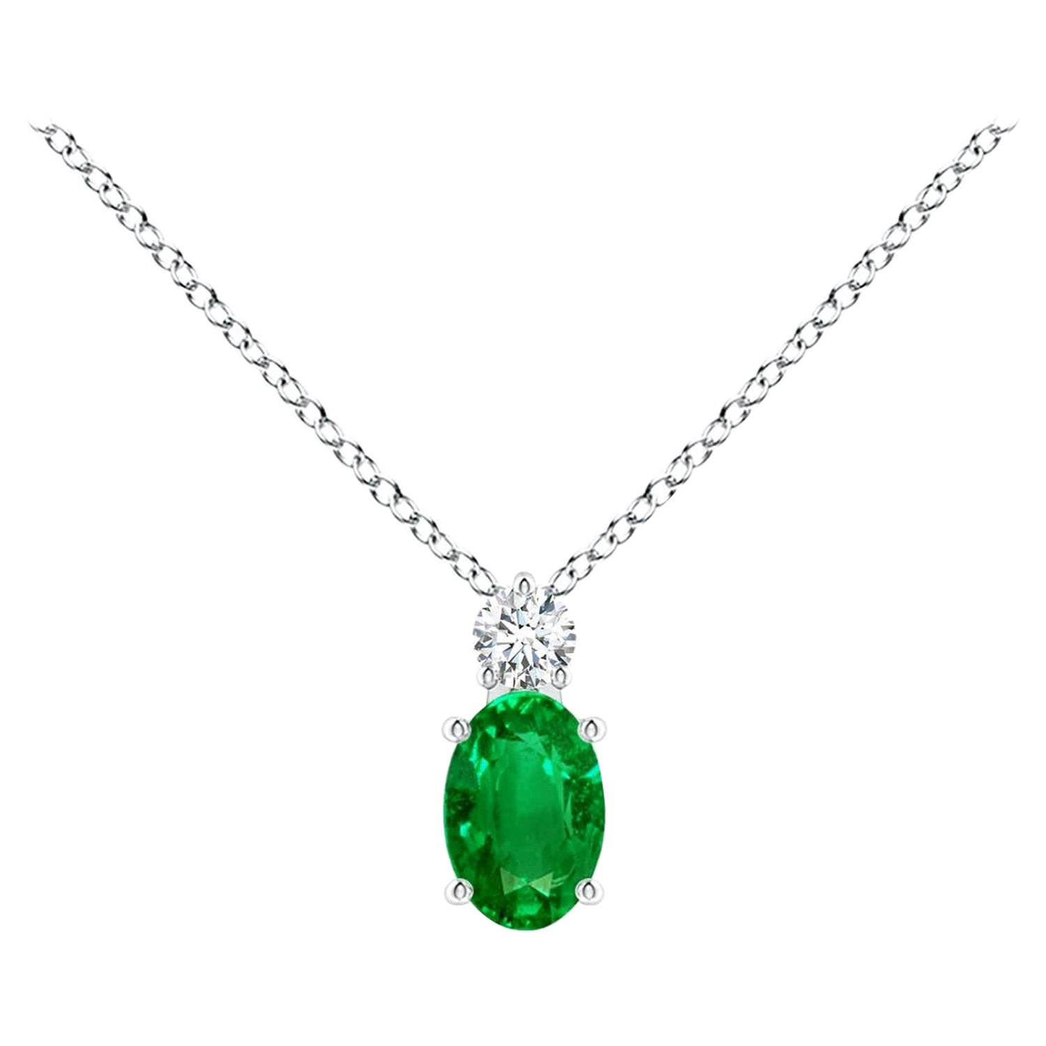 Natural Emerald Solitaire Pendant with Diamond in 14K White Gold 6x4mm