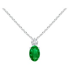 Natural Emerald Solitaire Pendant with Diamond in 14K White Gold 6x4mm