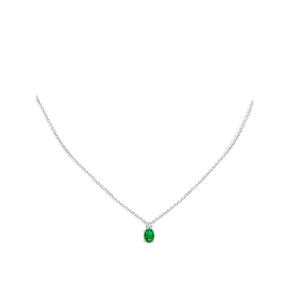 Emerald Cut Natural Emerald Solitaire Pendant with Diamond in 14K White Gold 7x5mm For Sale