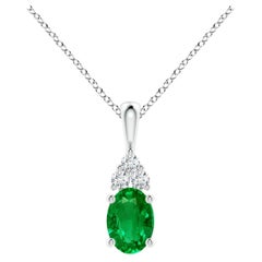 Natural Emerald Solitaire Pendant with Diamond in Platinum Size-7x5mm