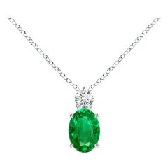 Natural Emerald Solitaire Pendant with Diamond in Platinum Size-7x5mm