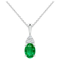 Natural Emerald Solitaire Pendant with Diamond in Platinum Size-7x5mm