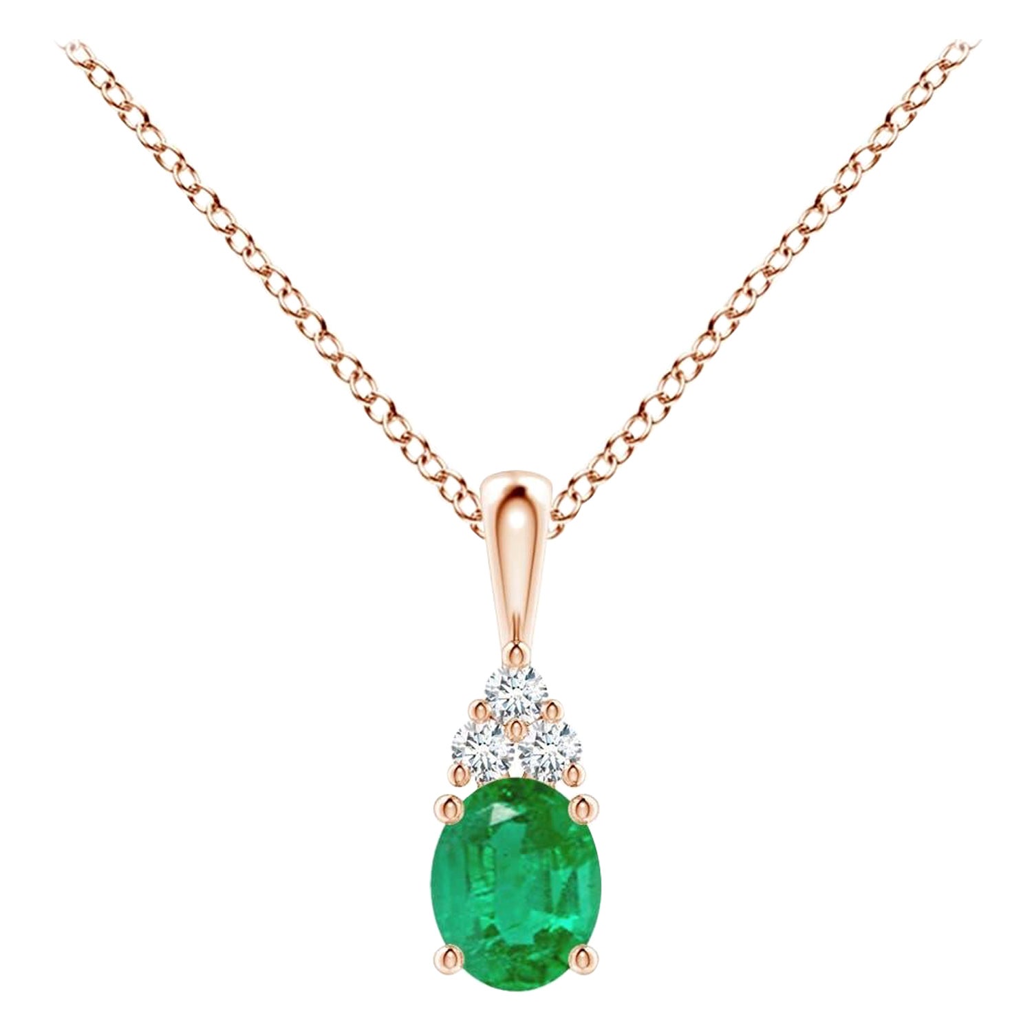 Pendentif solitaire en or rose avec émeraude naturelle et diamant, taille 5 x 4 mm