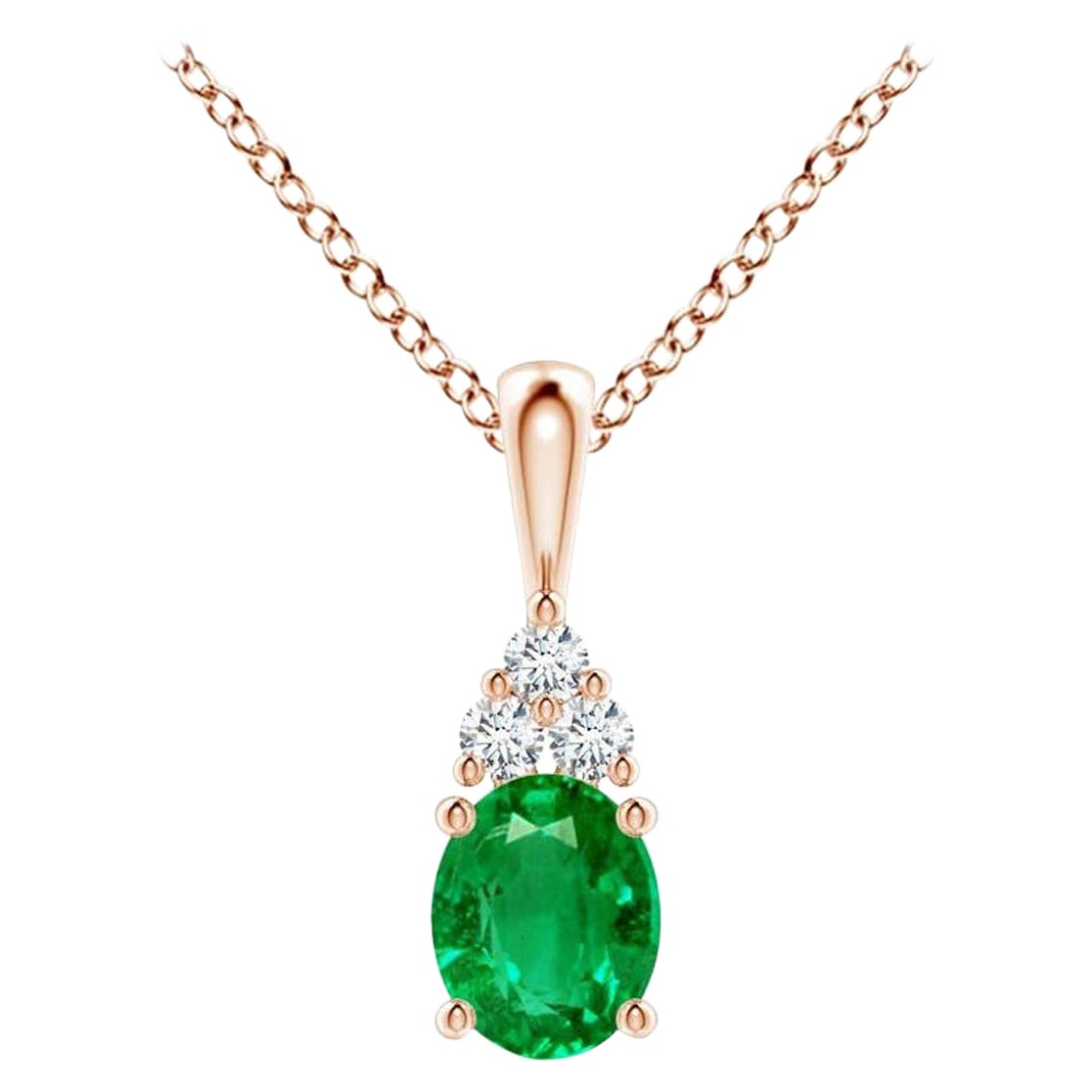 Pendentif solitaire en or rose avec émeraude naturelle et diamant, taille 5 x 4 mm