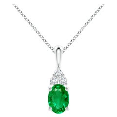 Natural Emerald Solitaire Pendant with Diamond in White Gold Size-7x5mm